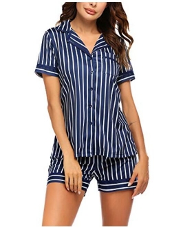 Pajamas Soft Striped Women's Short Sleeve Button Sleepwear Shorts Shirt PJ Set(S-XXL)