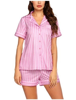 Pajamas Soft Striped Women's Short Sleeve Button Sleepwear Shorts Shirt PJ Set(S-XXL)