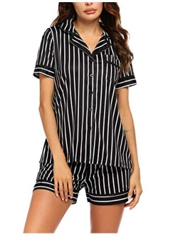 Pajamas Soft Striped Women's Short Sleeve Button Sleepwear Shorts Shirt PJ Set(S-XXL)