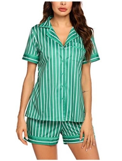 Pajamas Soft Striped Women's Short Sleeve Button Sleepwear Shorts Shirt PJ Set(S-XXL)