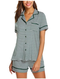 Pajamas Soft Striped Women's Short Sleeve Button Sleepwear Shorts Shirt PJ Set(S-XXL)