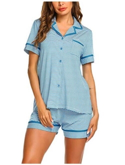 Pajamas Soft Striped Women's Short Sleeve Button Sleepwear Shorts Shirt PJ Set(S-XXL)