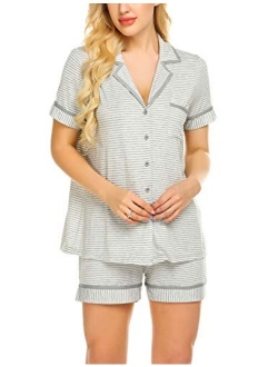 Pajamas Soft Striped Women's Short Sleeve Button Sleepwear Shorts Shirt PJ Set(S-XXL)