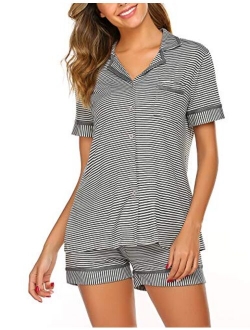 Pajamas Soft Striped Women's Short Sleeve Button Sleepwear Shorts Shirt PJ Set(S-XXL)