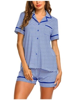 Pajamas Soft Striped Women's Short Sleeve Button Sleepwear Shorts Shirt PJ Set(S-XXL)