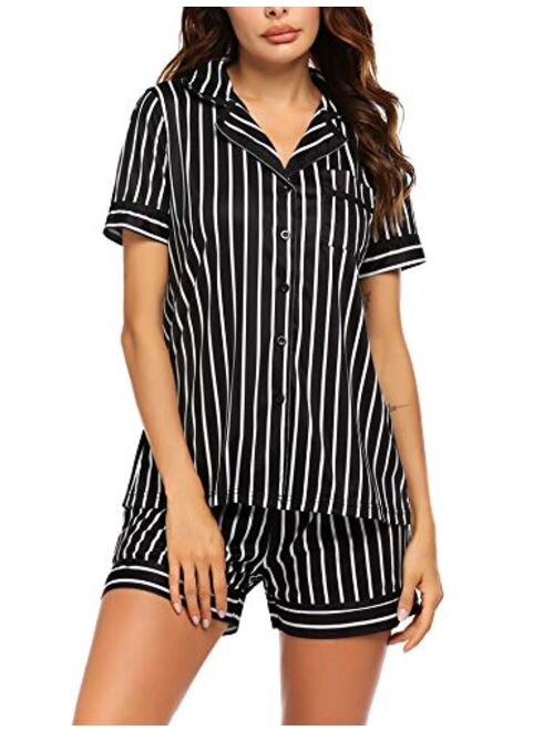 Ekouaer Pajamas Soft Striped Women's Short Sleeve Button Sleepwear Shorts Shirt PJ Set(S-XXL)