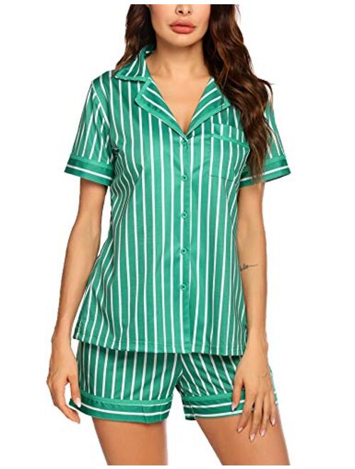 Ekouaer Pajamas Soft Striped Women's Short Sleeve Button Sleepwear Shorts Shirt PJ Set(S-XXL)