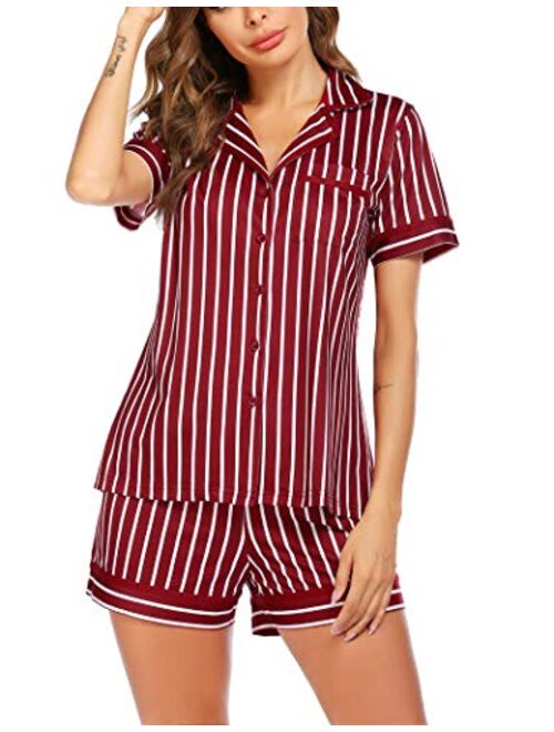 Ekouaer Pajamas Soft Striped Women's Short Sleeve Button Sleepwear Shorts Shirt PJ Set(S-XXL)