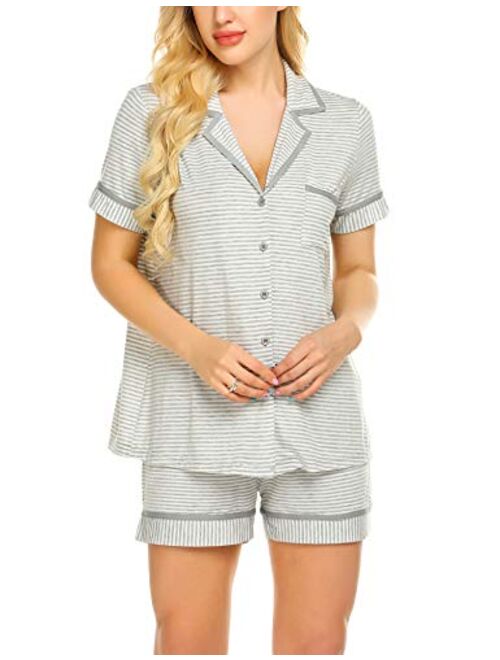 Ekouaer Pajamas Soft Striped Women's Short Sleeve Button Sleepwear Shorts Shirt PJ Set(S-XXL)