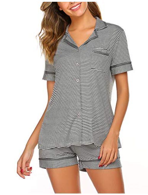 Ekouaer Pajamas Soft Striped Women's Short Sleeve Button Sleepwear Shorts Shirt PJ Set(S-XXL)