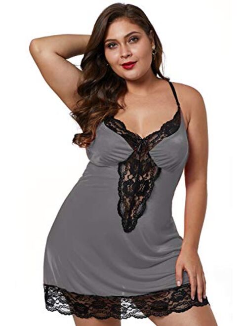 BLMFAION Sexy Plus Size Lace Sleep Lingerie Satin Sleepwear Sets S-5X