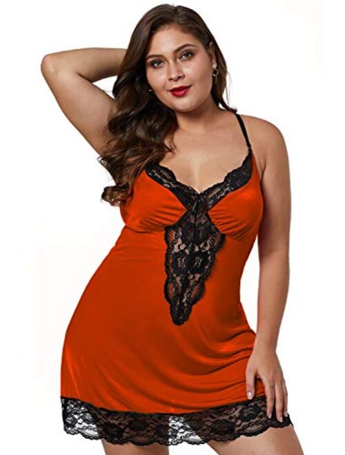 BLMFAION Sexy Plus Size Lace Sleep Lingerie Satin Sleepwear Sets S-5X