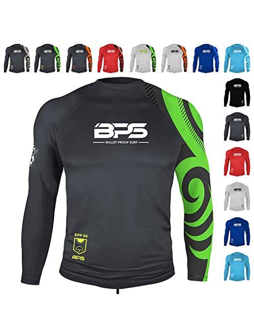 BPS Men's UPF 50+ Short Sleeve and Long Sleeve Swim Shirt/Rash Guard with Sun Protection