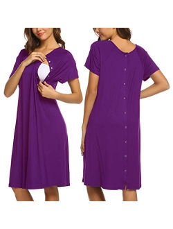 Womens Nursing/Delivery/Labor/Hospital Nightdress Short Sleeve Maternity Nightgown with Button S-XXL