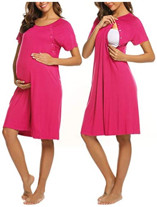 Ekouaer Womens Nursing/Delivery/Labor/Hospital Nightdress Short Sleeve Maternity Nightgown with Button S-XXL