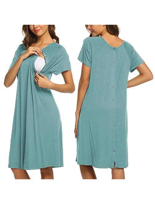 Ekouaer Womens Nursing/Delivery/Labor/Hospital Nightdress Short Sleeve Maternity Nightgown with Button S-XXL