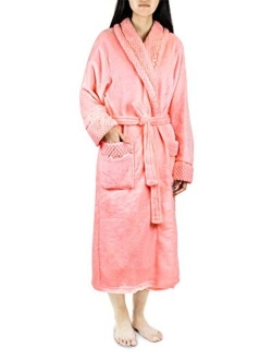 Deluxe Women Fleece Robe with Satin Trim | Luxurious Plush Spa Bathrobe Waffle Design