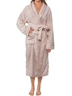 Deluxe Women Fleece Robe with Satin Trim | Luxurious Plush Spa Bathrobe Waffle Design