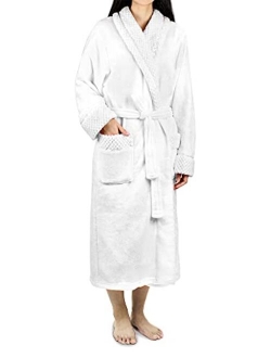 Deluxe Women Fleece Robe with Satin Trim | Luxurious Plush Spa Bathrobe Waffle Design