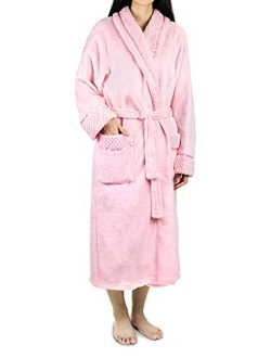 Deluxe Women Fleece Robe with Satin Trim | Luxurious Plush Spa Bathrobe Waffle Design