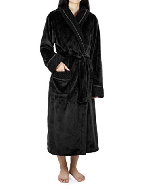 Deluxe Women Fleece Robe with Satin Trim | Luxurious Plush Spa Bathrobe Waffle Design