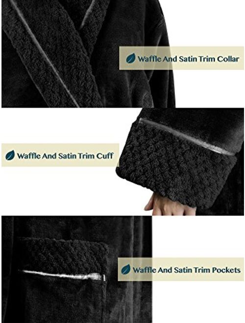 Deluxe Women Fleece Robe with Satin Trim | Luxurious Plush Spa Bathrobe Waffle Design