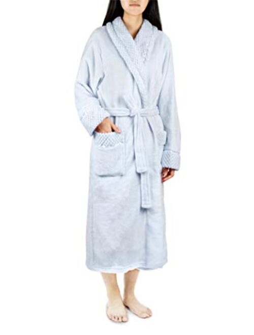 Deluxe Women Fleece Robe with Satin Trim | Luxurious Plush Spa Bathrobe Waffle Design