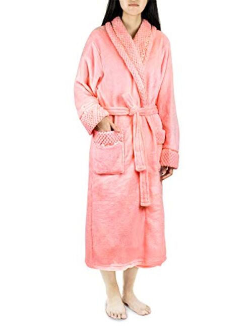 Deluxe Women Fleece Robe with Satin Trim | Luxurious Plush Spa Bathrobe Waffle Design