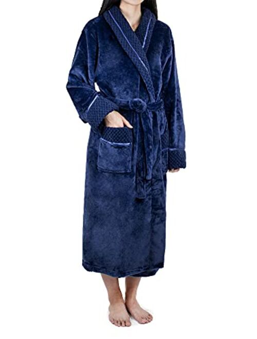 Deluxe Women Fleece Robe with Satin Trim | Luxurious Plush Spa Bathrobe Waffle Design