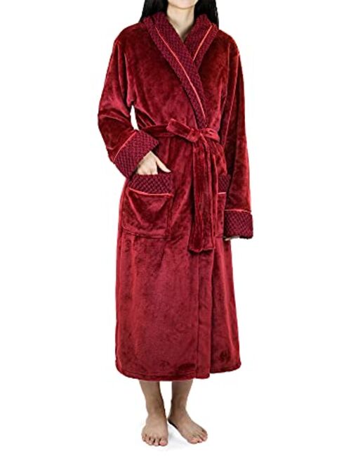 Deluxe Women Fleece Robe with Satin Trim | Luxurious Plush Spa Bathrobe Waffle Design