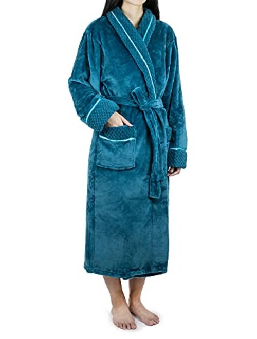 Deluxe Women Fleece Robe with Satin Trim | Luxurious Plush Spa Bathrobe Waffle Design