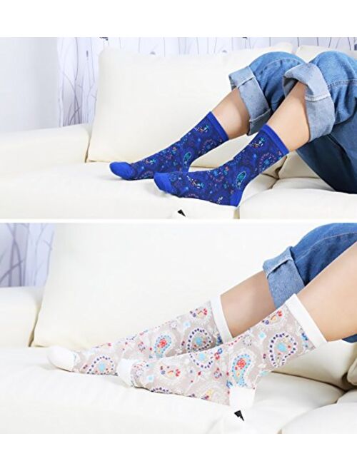 Chalier 5-6 Pairs Womens Funny Socks Vintage Cotton Crew Patterned Socks Novelty Fun Socks for Women