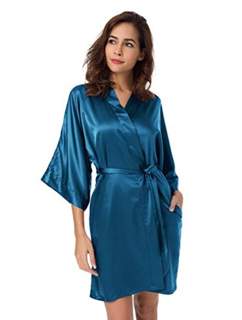 SIORO Women's Satin Robe,Silky Kimono Bathrobe for Bride Bridesmaids,Wedding Party Loungewear Short XS-XXL