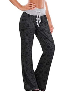 AMiERY Women's Comfy Casual Pajamas Pant Floral Printed High Waist Wide Legs Lounge Pants Trousers