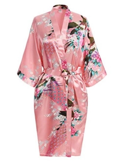 USDisc't Elegant Short Sleeve Printing Peacock Silk Women's Kimono Robe for Parties Wedding Bridal and Bridesmaid