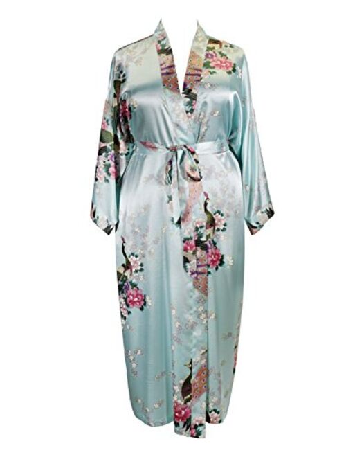 Applesauce - 838 - Plus Size Women's Satin Kimono Long Robe - Peacock and Blossom (One-Size fits Most US 1X 2X 3X)