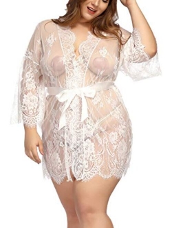 TGD Womens Lingerie Lace Plus Size Kimono Robe Mesh Nightgown Dress Sets