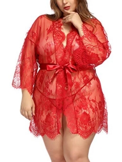 TGD Womens Lingerie Lace Plus Size Kimono Robe Mesh Nightgown Dress Sets