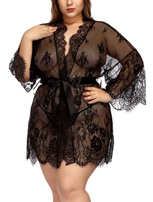 TGD Womens Lingerie Lace Plus Size Kimono Robe Mesh Nightgown Dress Sets