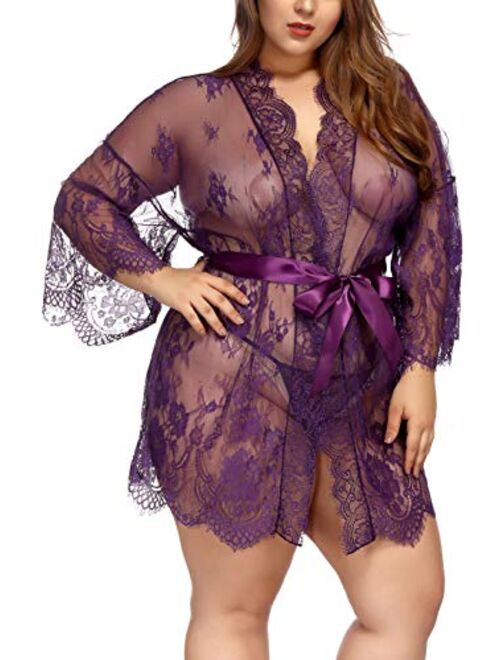 TGD Womens Lingerie Lace Plus Size Kimono Robe Mesh Nightgown Dress Sets