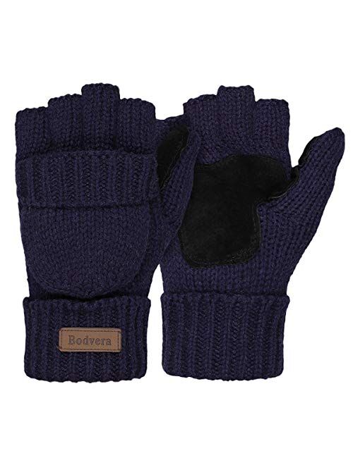 Bodvera Thermal Insulation Fingerless Texting Wool Gloves Unisex Winter Warm Knitted Convertible Mittens Flap Cover