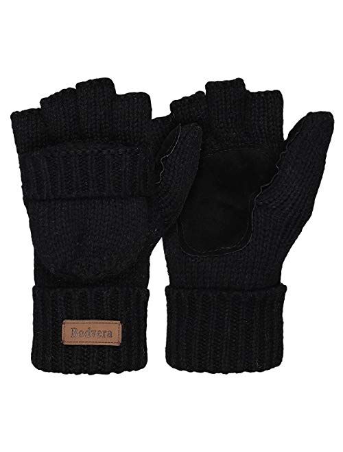 Bodvera Thermal Insulation Fingerless Texting Wool Gloves Unisex Winter Warm Knitted Convertible Mittens Flap Cover