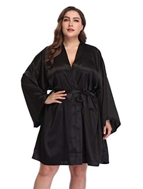 Women's Plus Size Satin Robes Short Silky Bathrobes Bridesmaid Party Dressing Gown