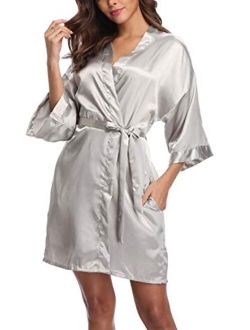 Old-Times Women's Pure Color Silk Kimono Short Robes for Bridesmaids and Bride