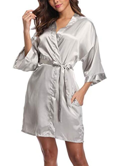 Old-Times Women's Pure Color Silk Kimono Short Robes for Bridesmaids and Bride