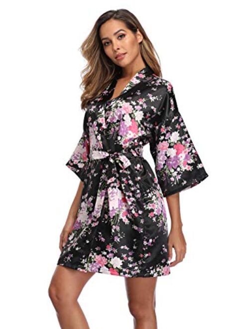 iFigure Women Floral Kimono Robe Satin Bridal Dressing Gown Bride Bridesmaid Robes Sleepwear