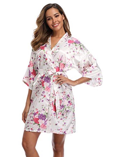 iFigure Women Floral Kimono Robe Satin Bridal Dressing Gown Bride Bridesmaid Robes Sleepwear