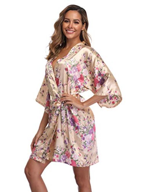 iFigure Women Floral Kimono Robe Satin Bridal Dressing Gown Bride Bridesmaid Robes Sleepwear