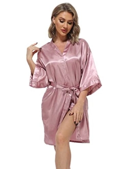 Women's Pure Color Satin Kimono Robes Bridesmaid Wedding Party Dressing Gown,Short