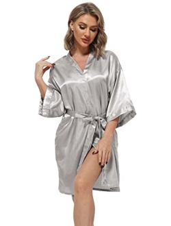 Women's Pure Color Satin Kimono Robes Bridesmaid Wedding Party Dressing Gown,Short